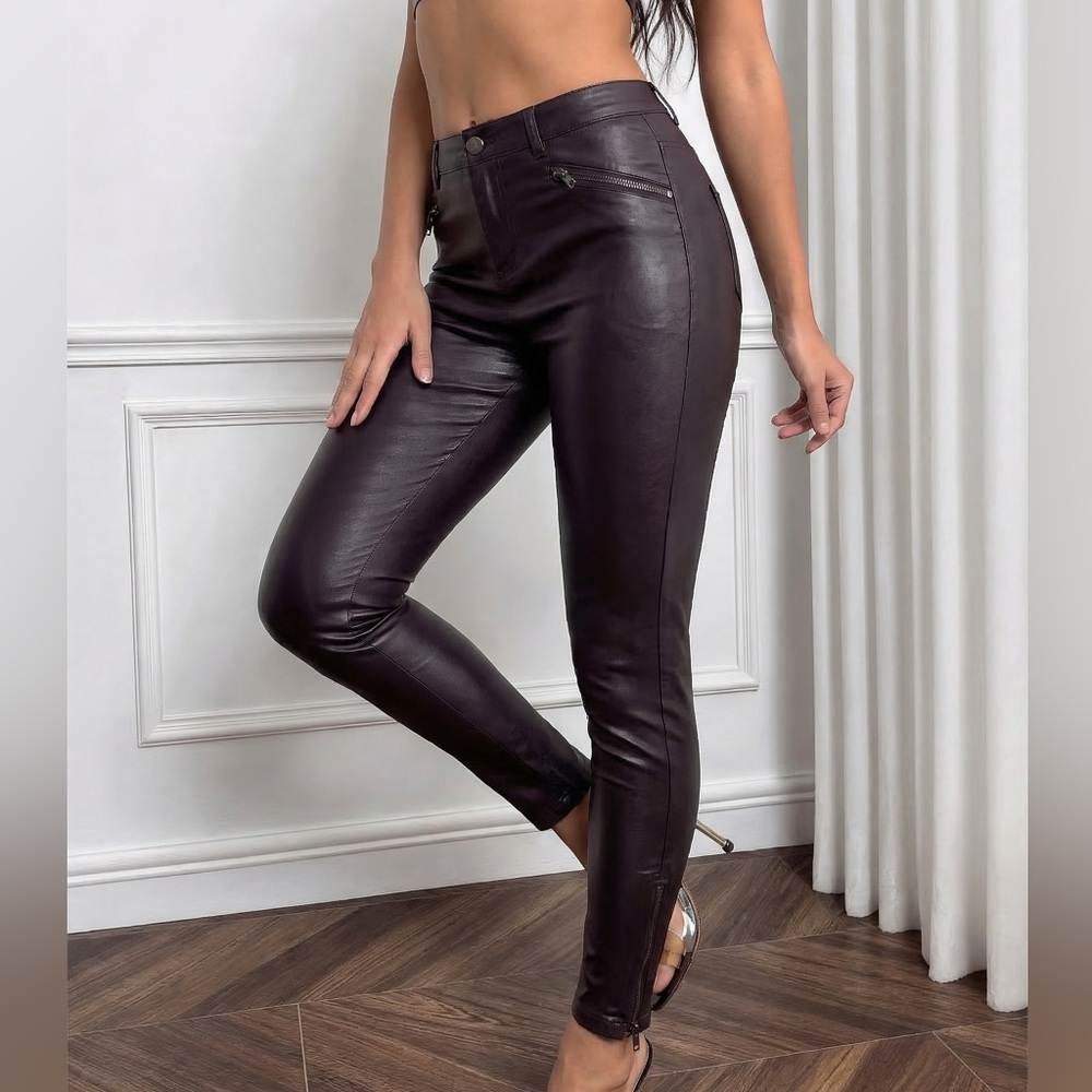 Level 99 Skinny Pants 25 (26x28) Vegan Leather Plum Stretch Ankle Zip Womens New